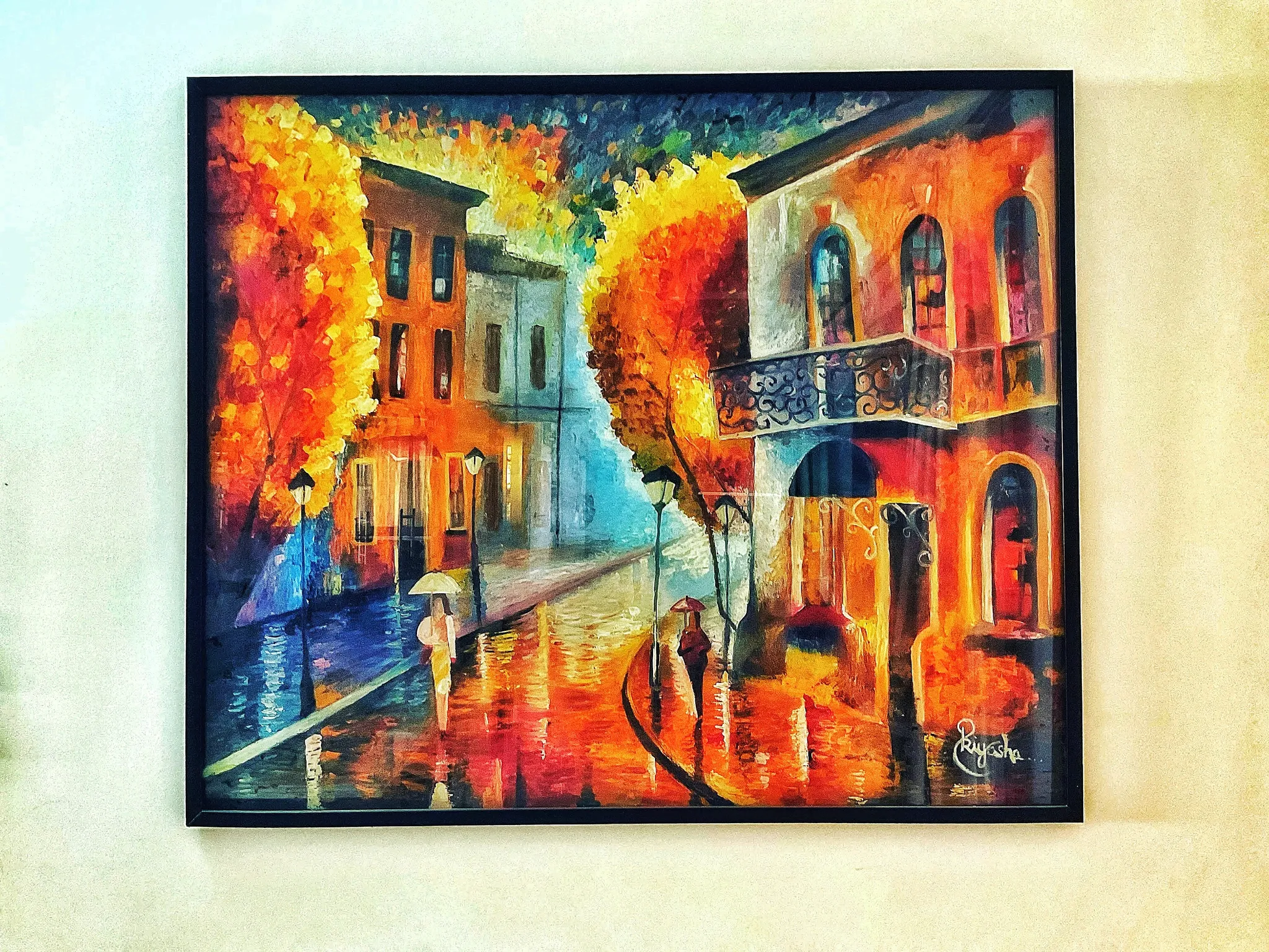 Colourful painting of a rain-washed city street in autumn