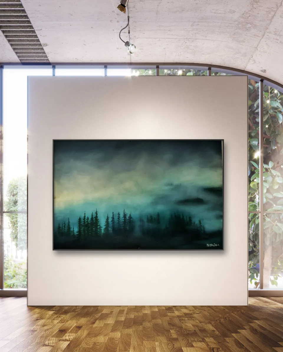 Misty forest landscape painting displayed on a gallery wall