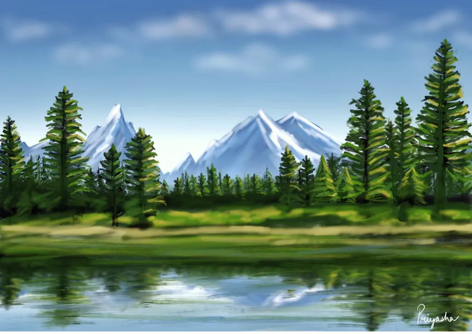 Landscape painting of a mountain lake bordered by pine forest