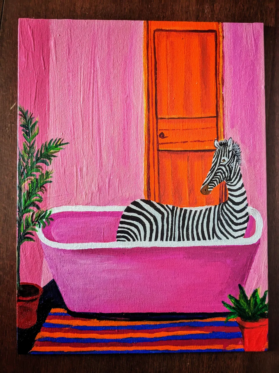 Playful illustration of a zebra sitting in a pink bathtub